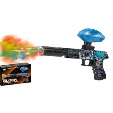 Colorful toy gun with a blue cap and colorful smoke, next to its packaging on a white background.Price Qatar