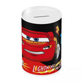 Cylindrical container with a cartoon car design on a white background QATAR PRICE