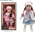 Doll with winter outfit and accessories next to its packaging qatar price