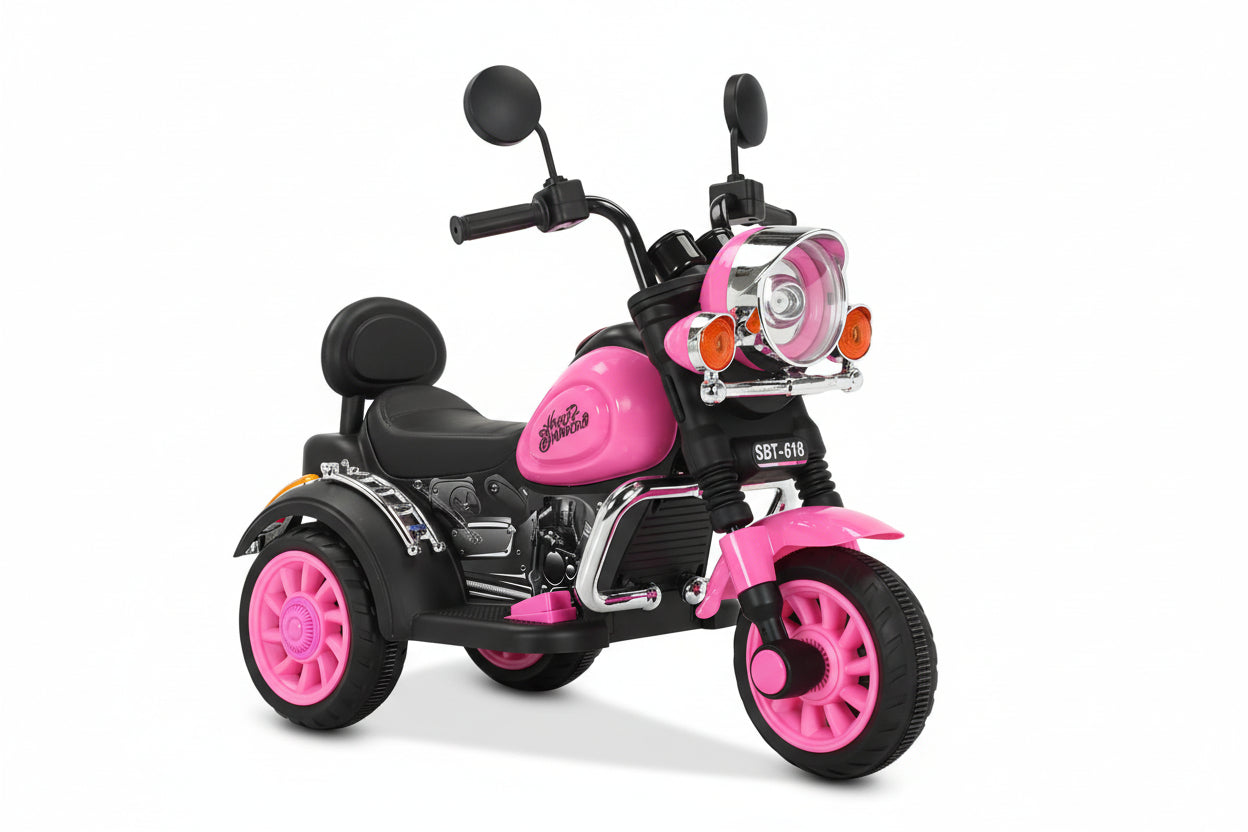 Electric motor bike for children with specifications on a white background