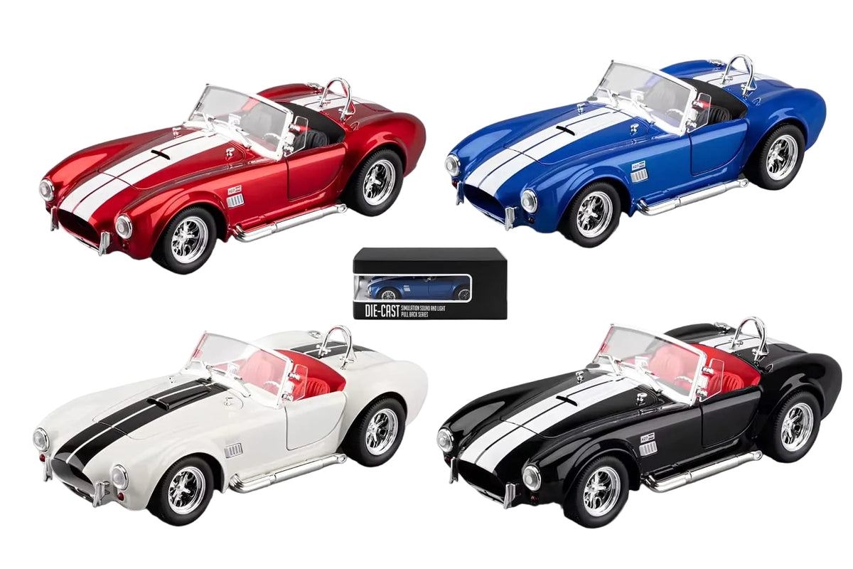 Four Shelby Cobra diecast models in different colors on a white background