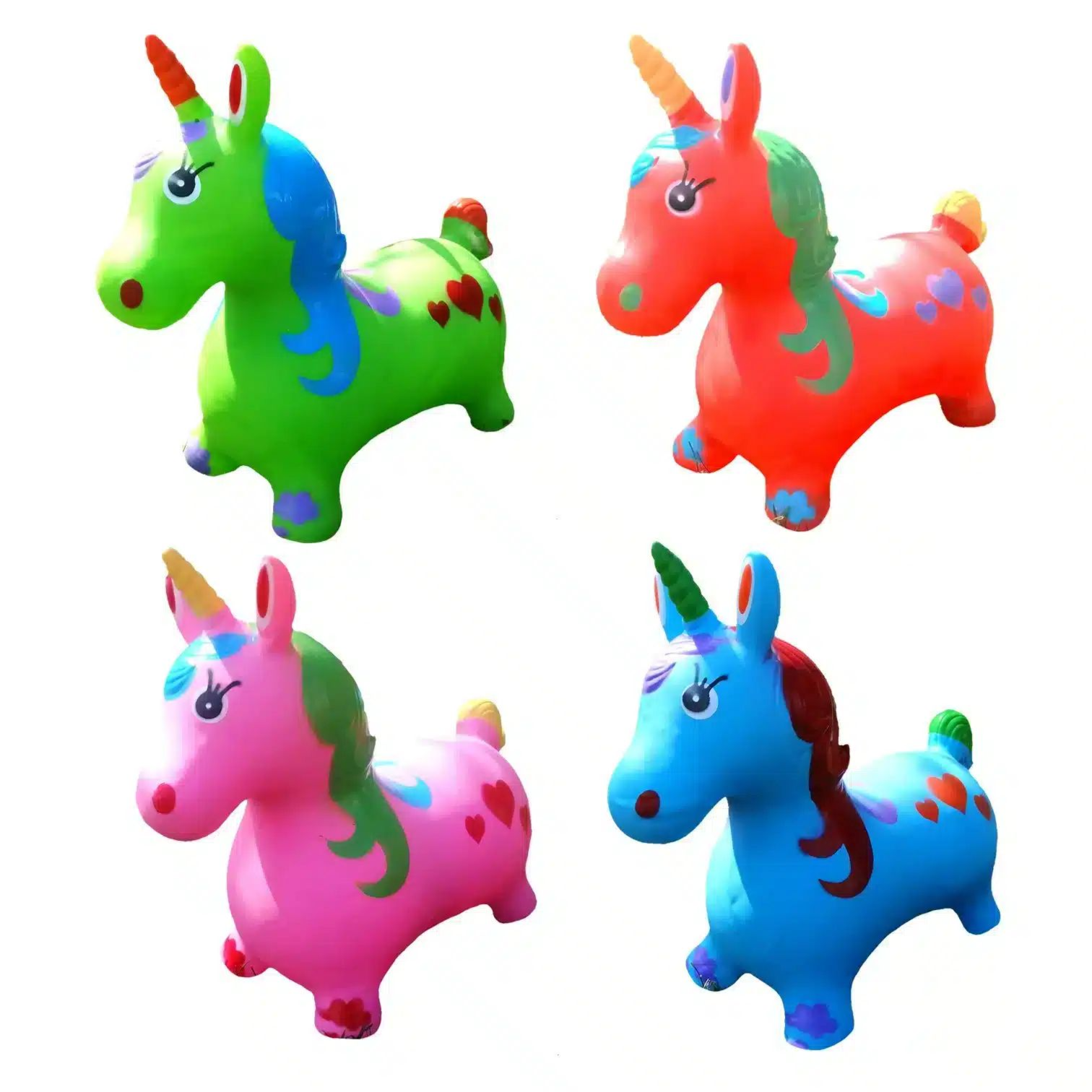 Four colorful inflatable unicorn toys on a white background price qatar