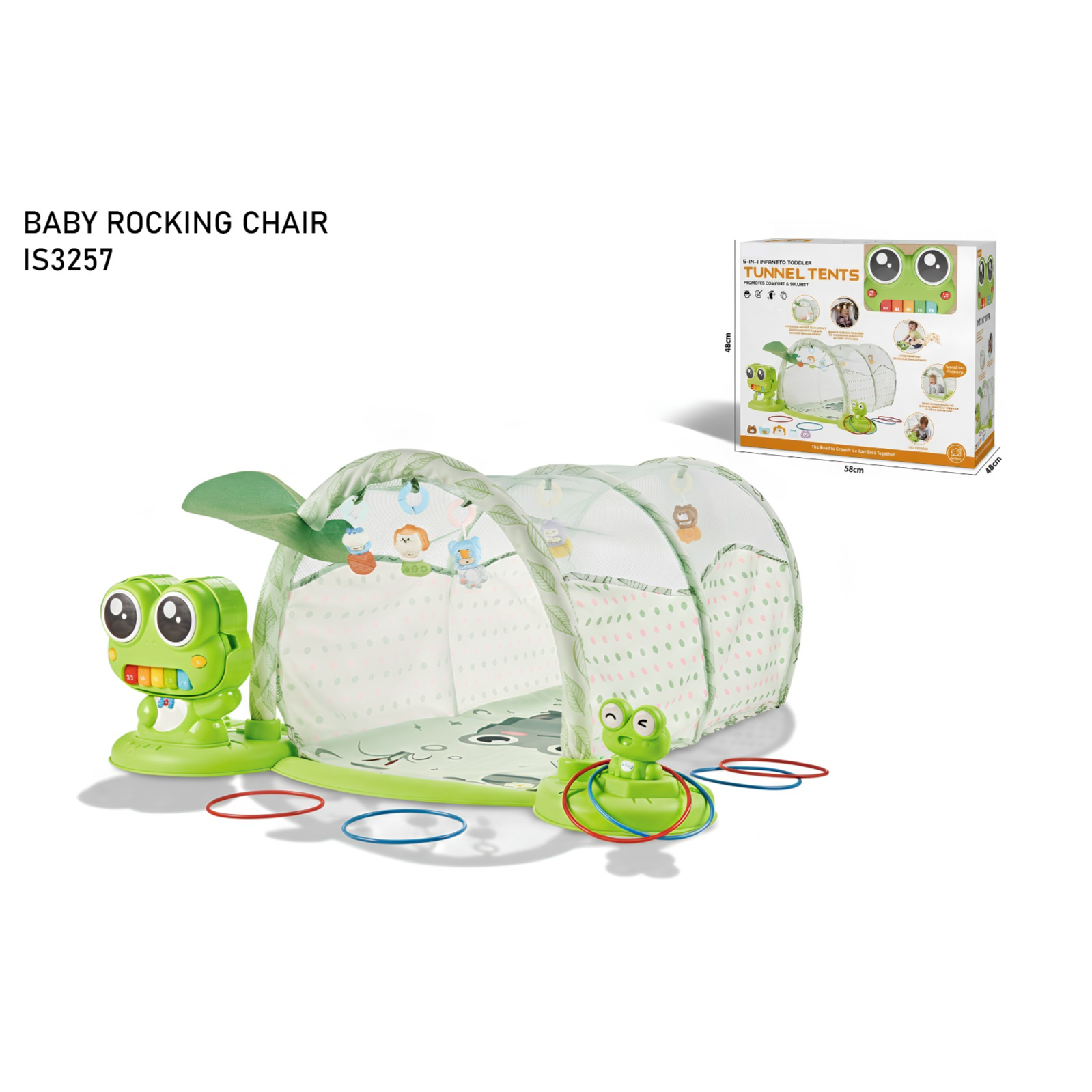 Green baby rocking chair with tunnel and toys on a white background price qatar
