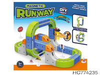 Magnetic Runway toy set packaging with colorful tracks and accessories on a white background.