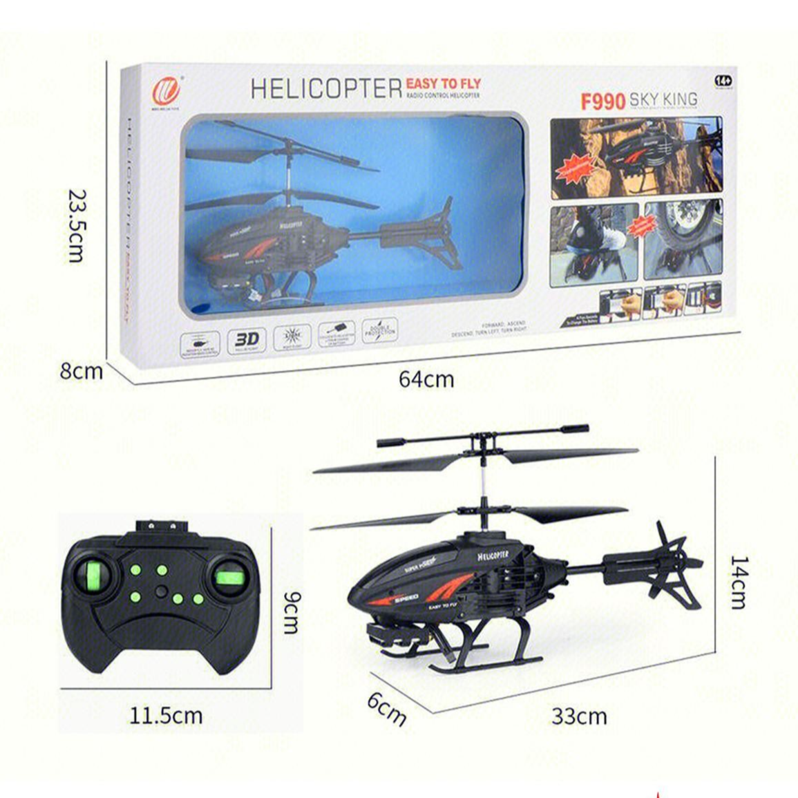 Measurement chart of a remote control helicopter and its packaging price qatar