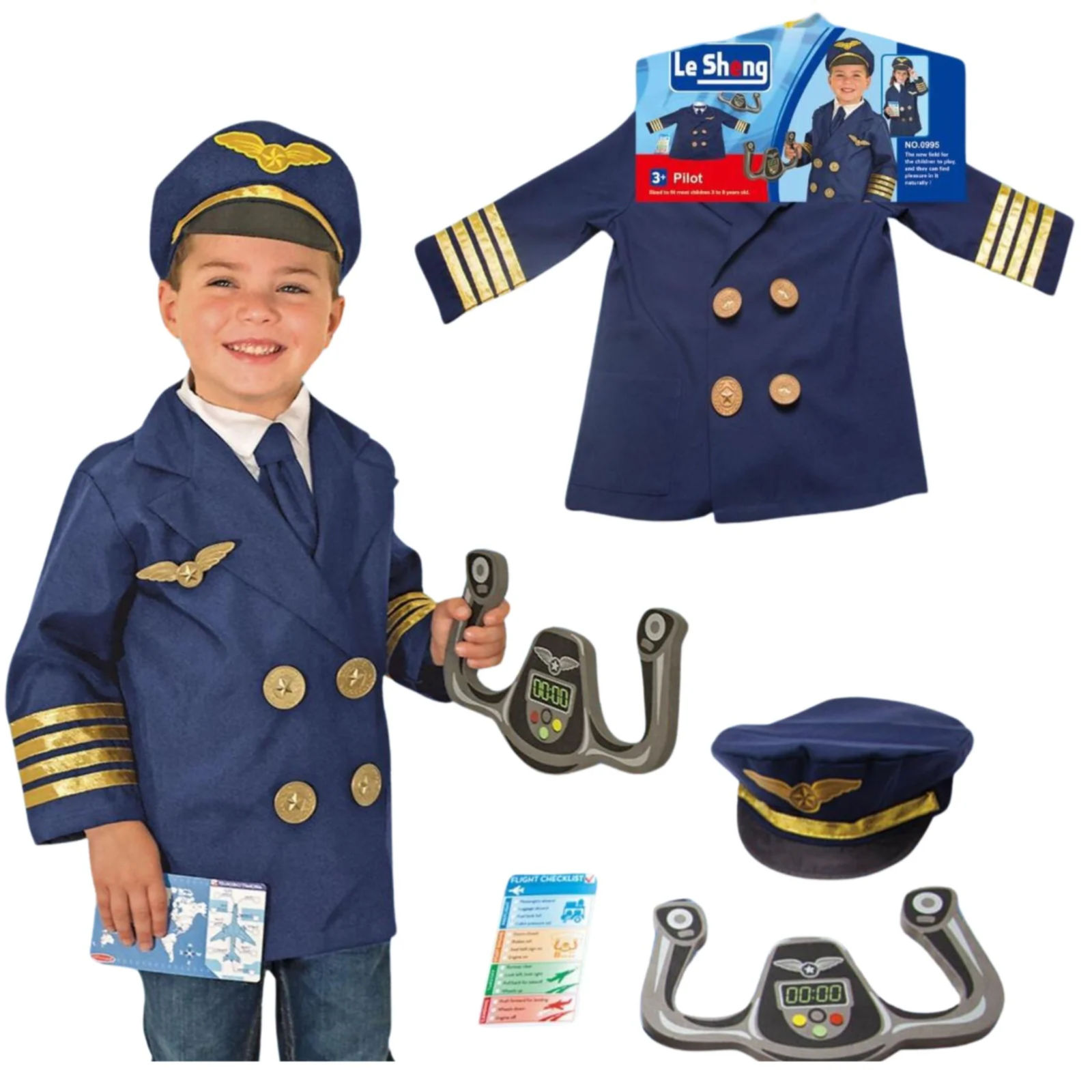 Child in pilot costume with toy set including jacket, hat, and accessories on a white background price qatar