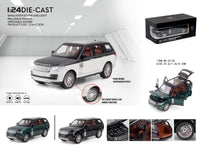 Model car display with Range Rover and detailed specifications on a white background QATAR
