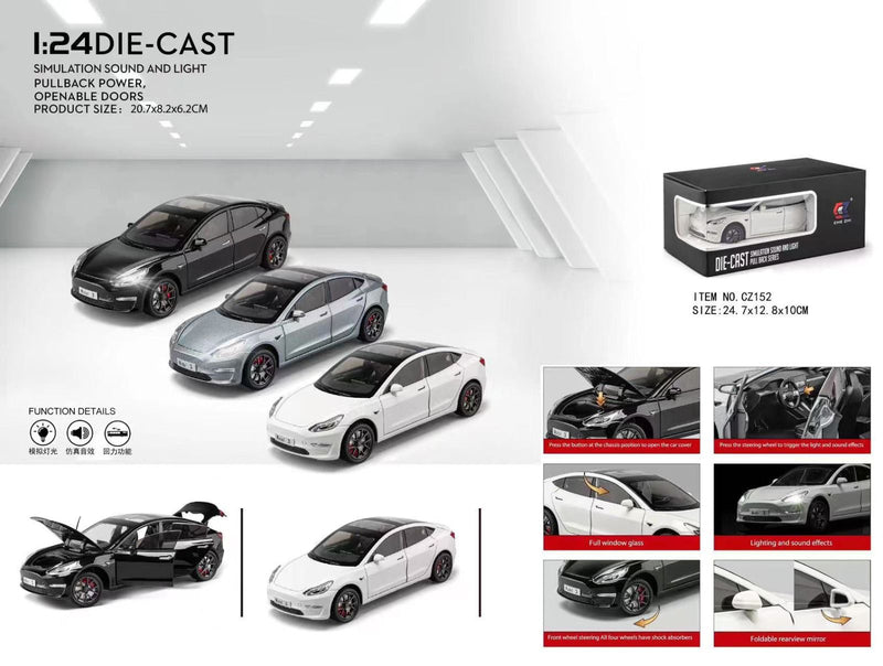 Tesla Model 3 Die-Cast Model 1:24 Scale - Premium Sound & Light Edition