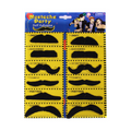 Mustache party kit with various styles of black mustaches on a yellow and blue packaging QATAR PRICE.