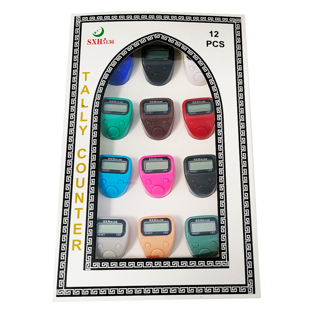 Packaging of 12 colorful digital tally counters with SXH brand logo.qatar price