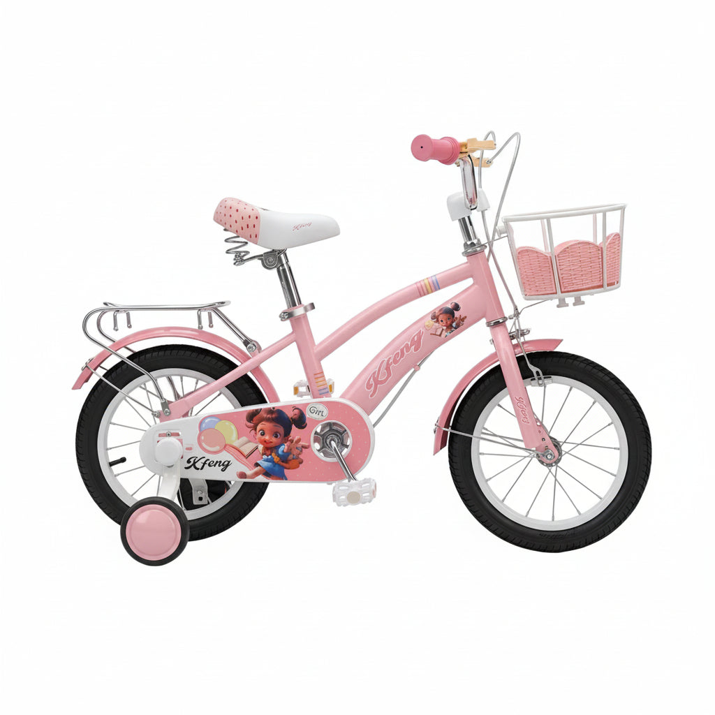Pink 12-inch children's bicycle with training wheels, a front basket, and cartoon graphics on the frame and chain guard, shown on a white background with text in the upper left.