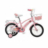 Pink 12-inch children's bicycle with training wheels, a front basket, and cartoon graphics on the frame and chain guard, shown on a white background with text in the upper left.