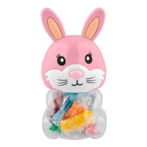 Pink bunny-shaped candy container with gummy candies on a white background qatar price