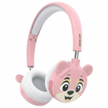 Pink children's headphones with a cartoon character design on a white background