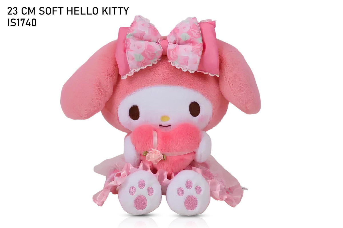 Pink plush toy with large bows and a heart, labeled '23 CM SOFT HELLO KITTY IS1740'.