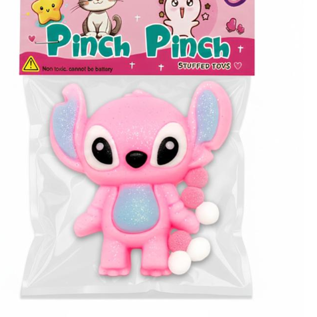 Pink plush toy with white accents in a clear package labeled 'Pinch Pinch Stuffed Toys'.price qatar