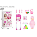 Pink toy trolley set with accessories including a high chair, blocks, and baby doll on a white background.price qatar
