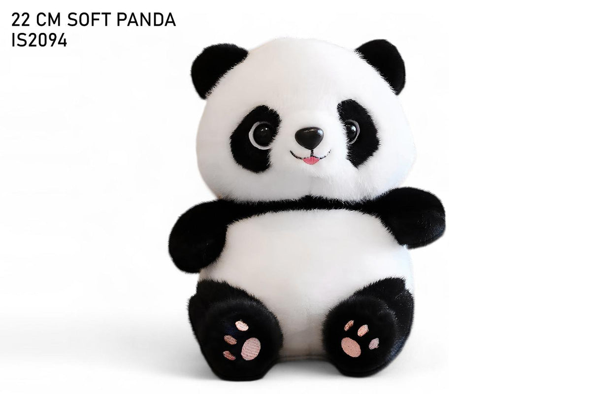 Plush panda toy on a white background with text '22 CM SOFT PANDA IS2094'.