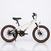 Qitong 22-inch kids mountain bike in white with disc brakes, front suspension fork, and brown-wall tires
