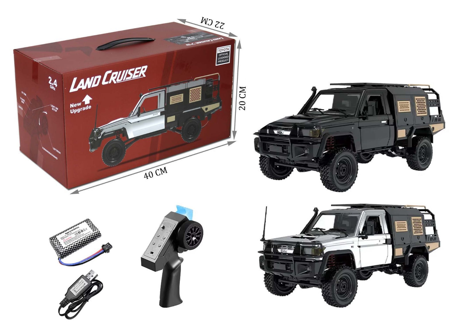 RC model car set shown with its red retail box, remote control transmitter, battery, and two views of the black-and-white off-road truck on a white background. The box reads LAND CRUISER and includes size markings.