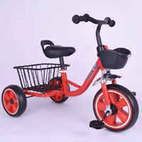 Red tricycle with black seat and basket on a white background QATAR PRICE