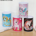 Four cylindrical coin boxes with unicorn designs on a wooden surface. QATAR PRICE