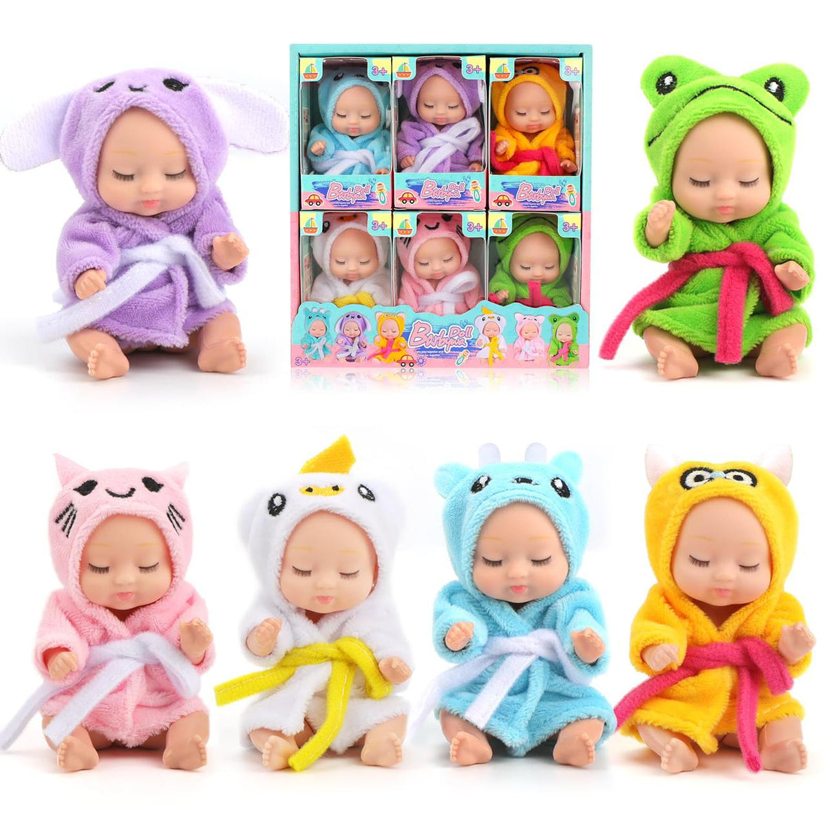Set of small dolls in colorful animal-themed robes with packaging in the center. QATAR PRICE