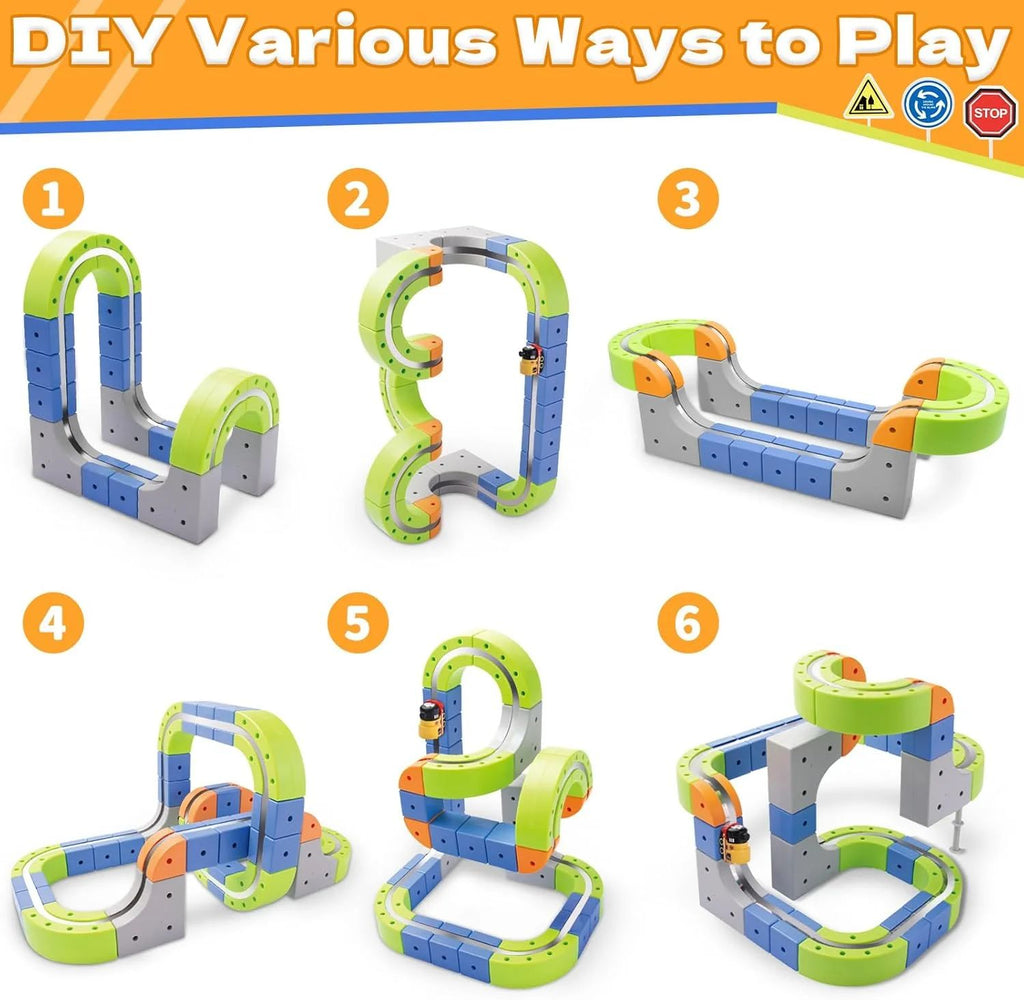 Set of toy track layouts with numbered examples on a colorful background