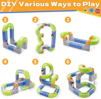 Set of toy track layouts with numbered examples on a colorful background