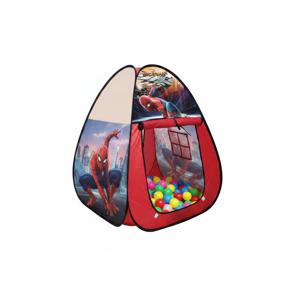 Spider-Man themed play tent with packaging and specifications on a white background QATAR