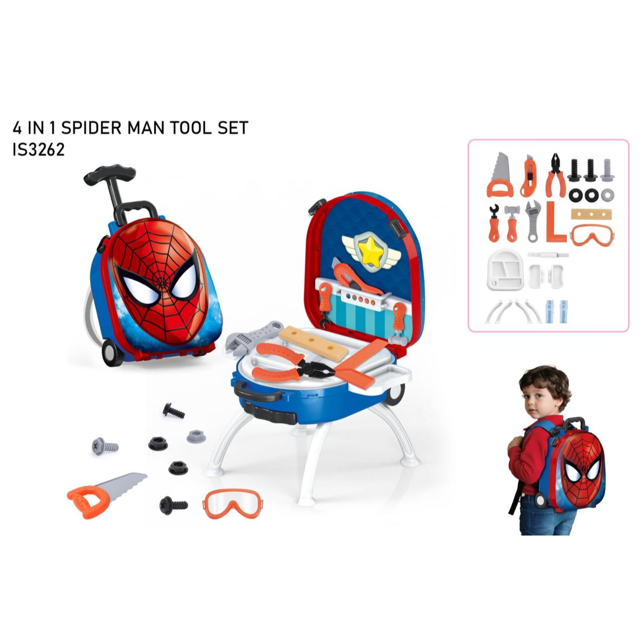 Spider-Man themed tool set with tools and a child wearing a Spider-Man backpack on a white background.price qatar