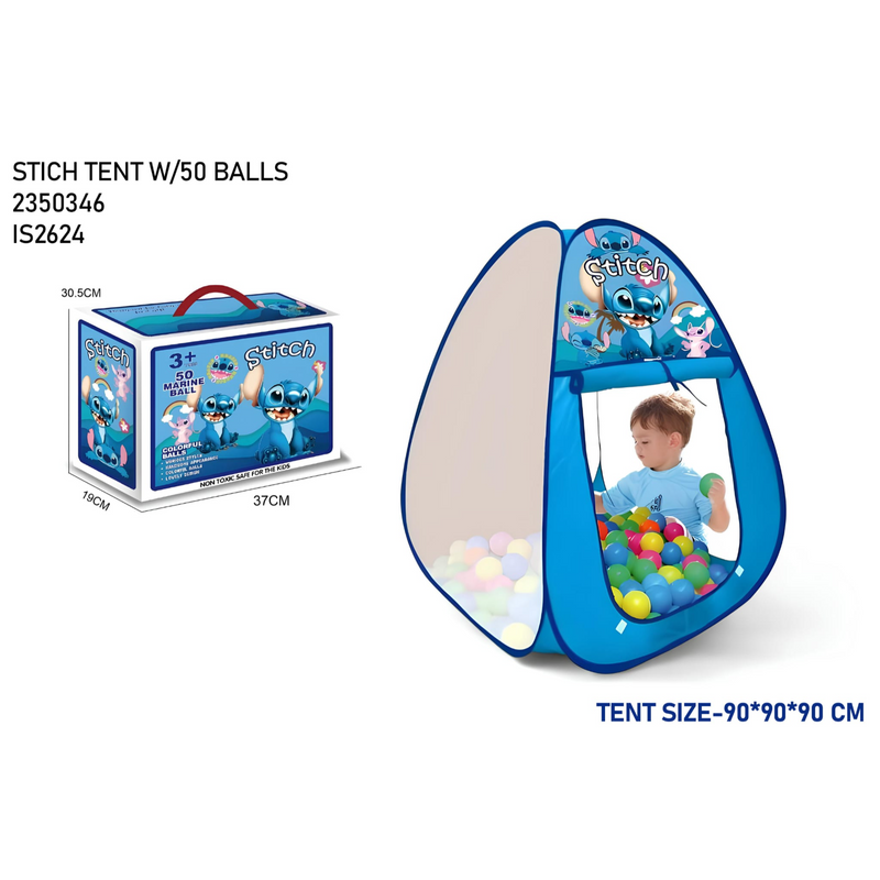 Stitch-themed play tent with 50 colorful balls. It is a pop-up tent