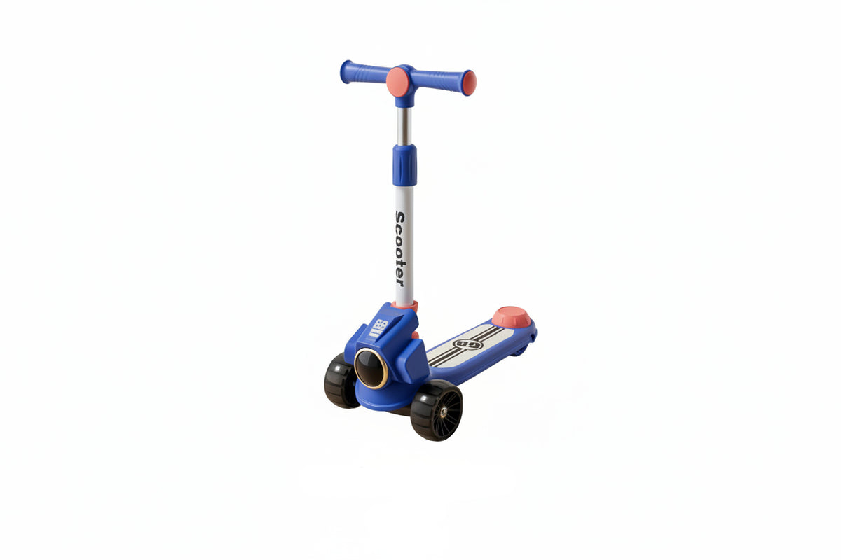 Three children's scooters in black, blue, and red on a white background with '622 Scooter KN' text. QATAR PRICE