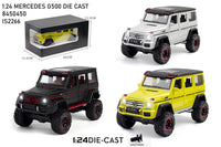 Three model cars of Mercedes G500 in different colors with packaging and dimensions displayed.QATAR