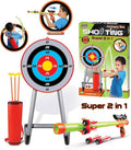 Toy archery set with target, arrows, and packaging on a white background