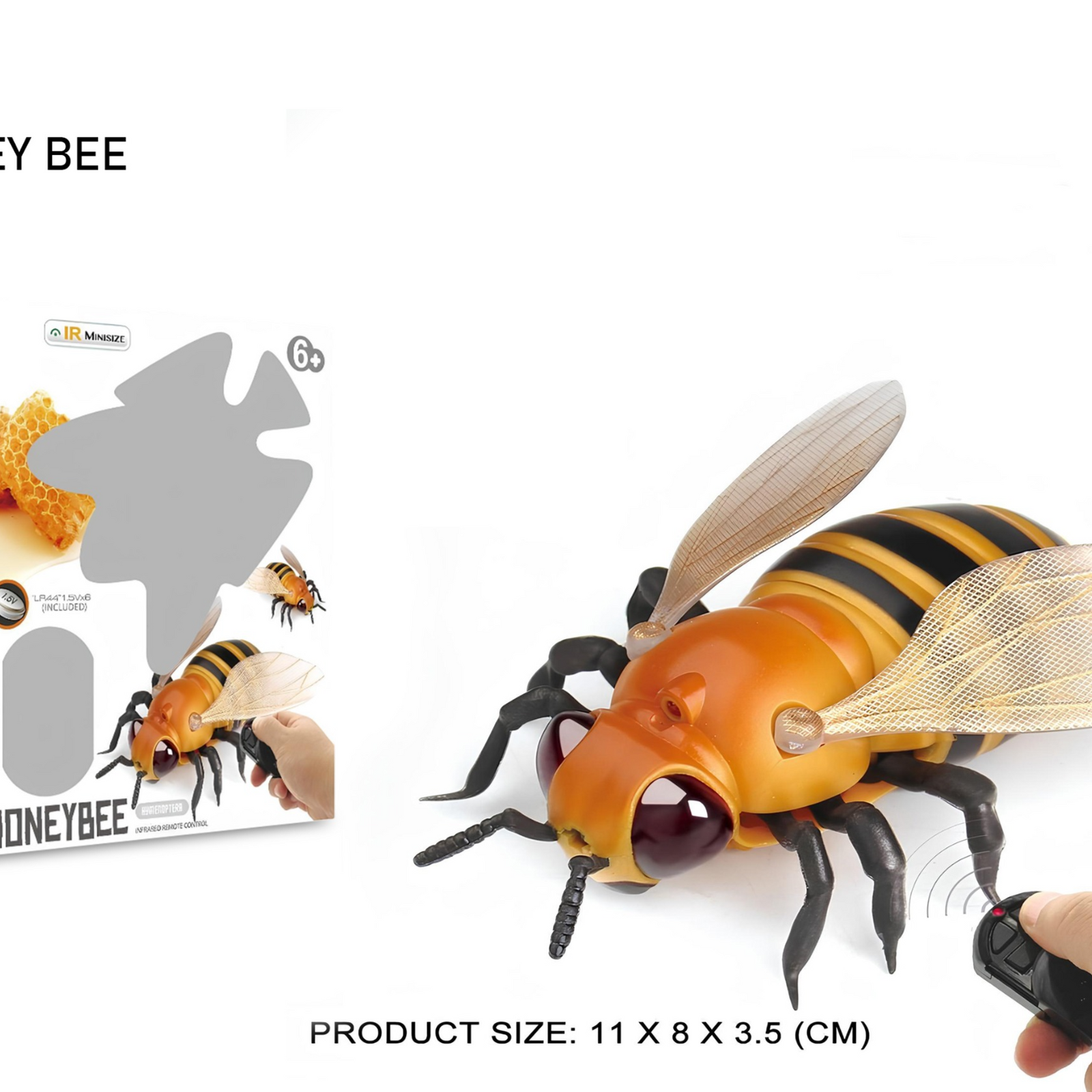 Toy bee with remote control, packaging, and product size information on a white background price qatar