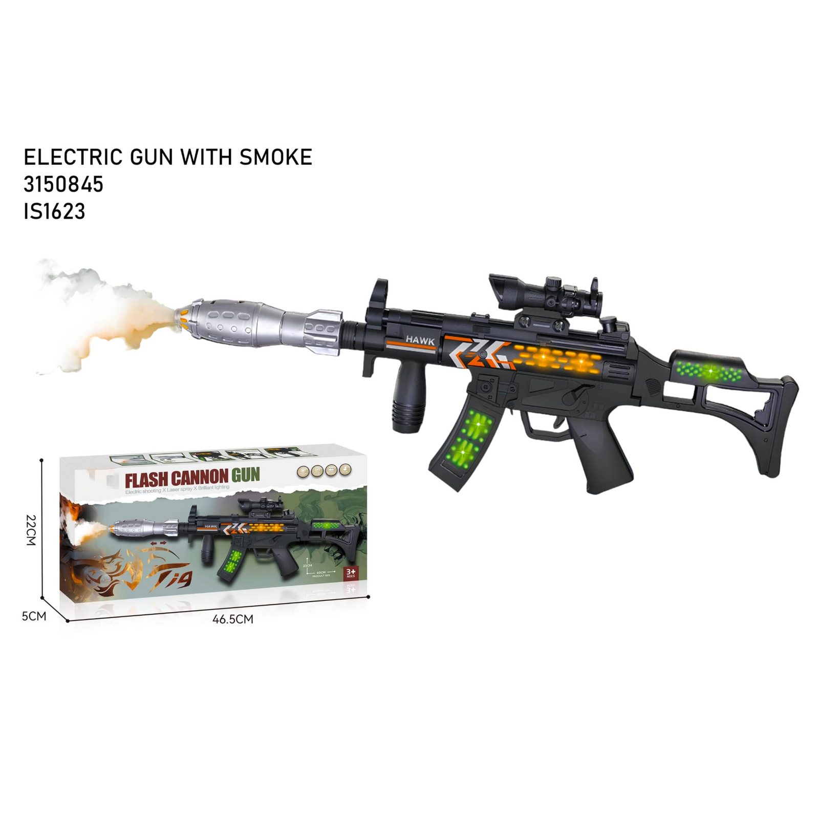 Toy flash cannon gun with smoke effect and packaging on a white background price qatar