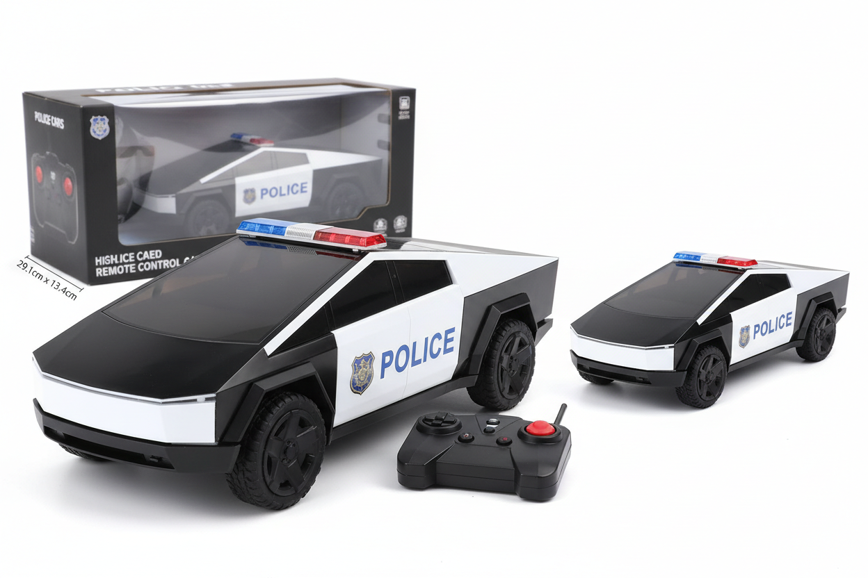 Toy police car with remote control and packaging on a white background