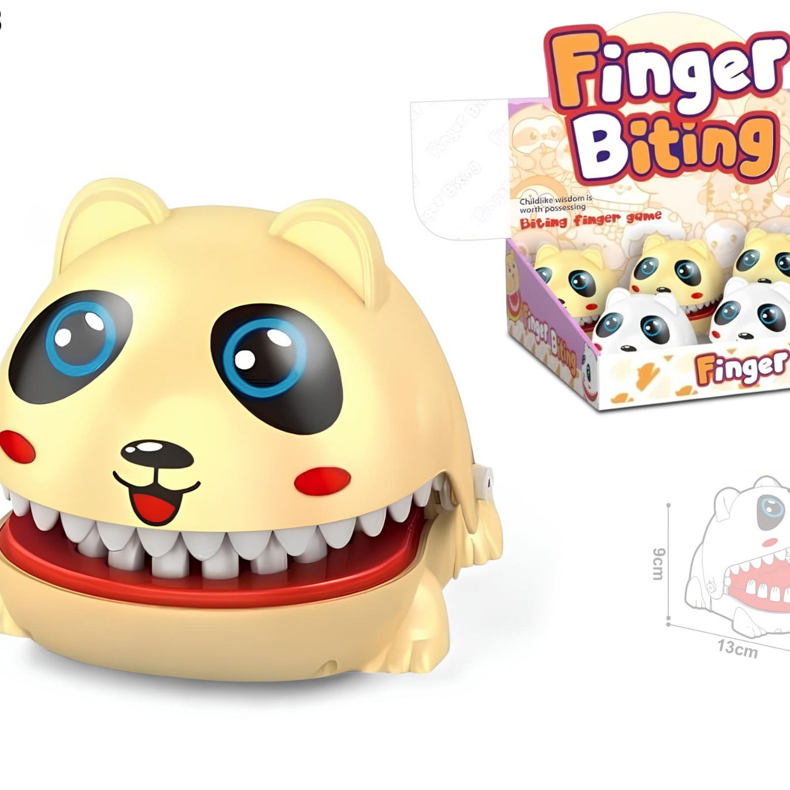 Toy resembling a cat with a large mouth and teeth, next to its packaging labeled 'Finger Biting'.price qatar