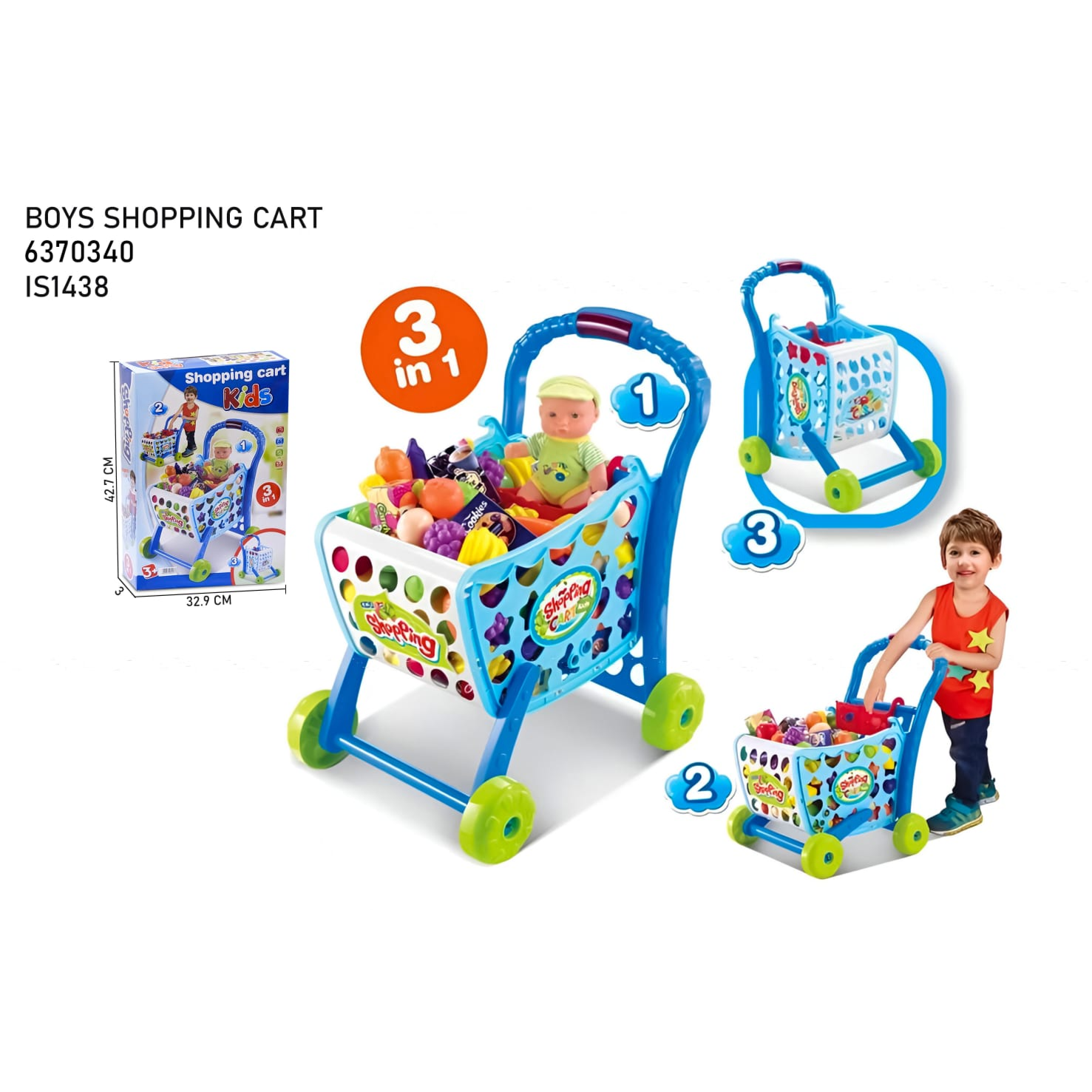 Toy shopping cart with colorful fruits and vegetables, packaging, and a child playing with it on a white background.price qatar