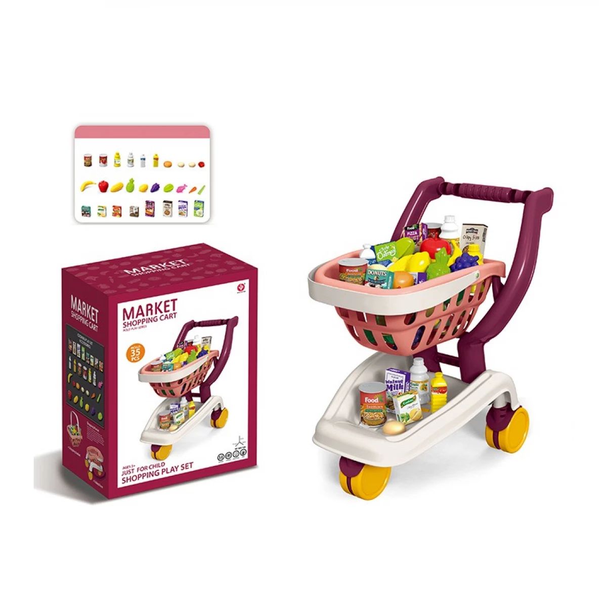 Toy shopping cart with colorful items and packaging on a white background Qatar Price