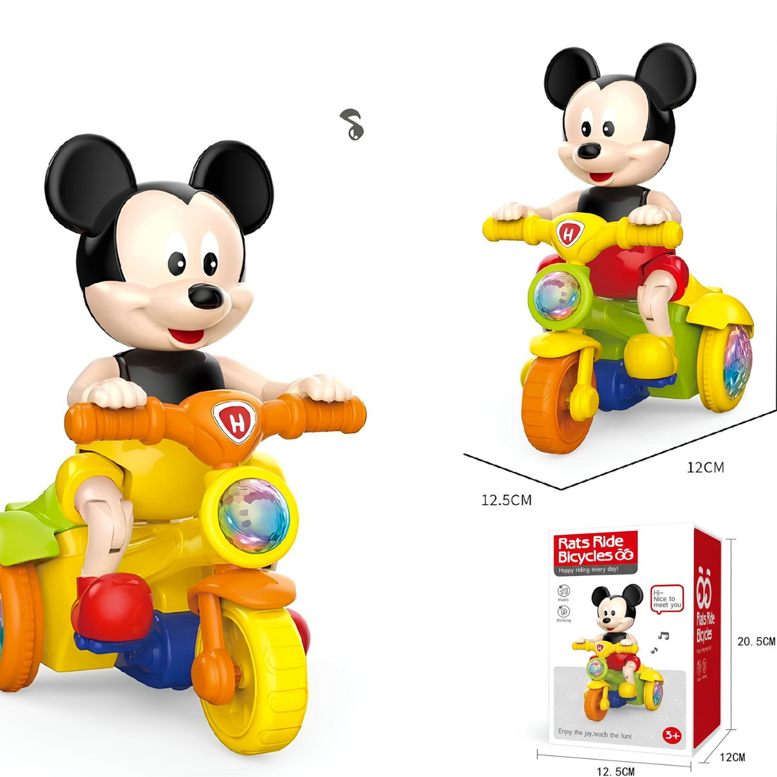 Toy tricycle with Mickey Mouse design, including the toy itself and its packaging.qatar price