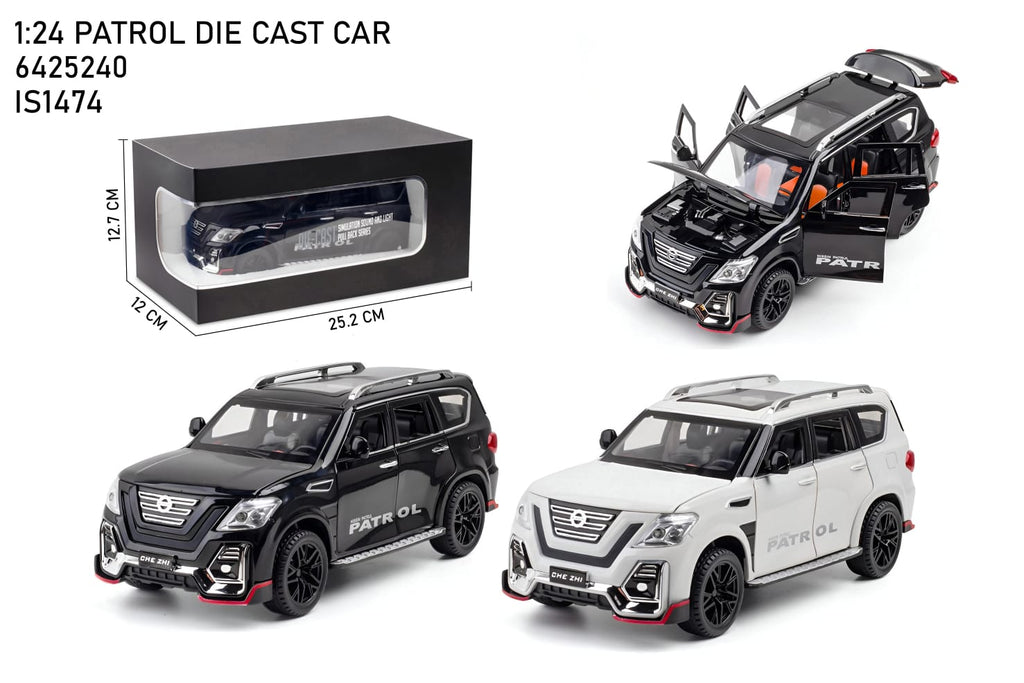 Two model cars, one black and one white, with open and closed doors, displayed with packaging on a white background.QATAR