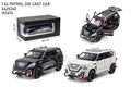 Two model cars, one black and one white, with open and closed doors, displayed with packaging on a white background.QATAR