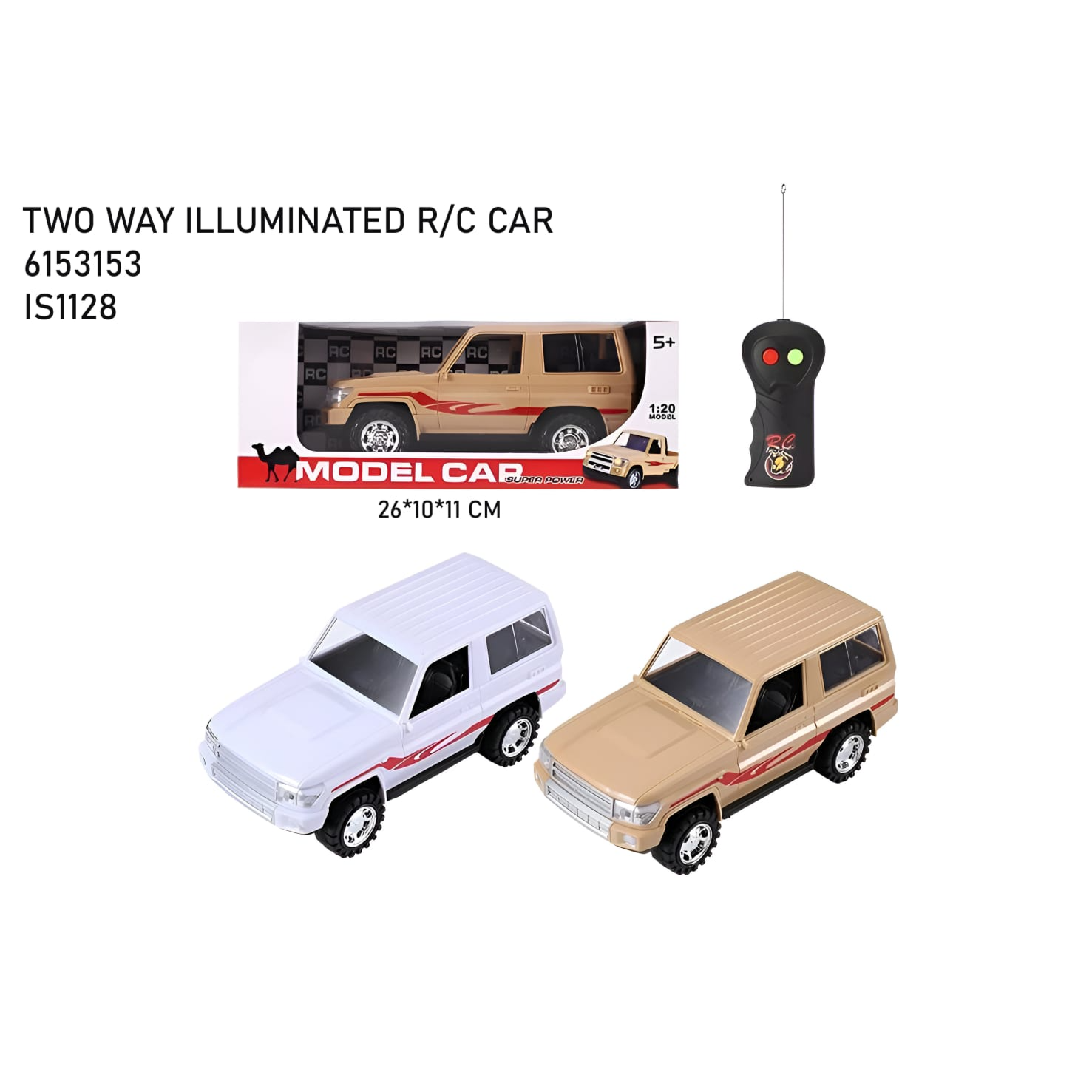 Two remote-controlled cars, one beige and one white, with a remote control on a white background QATAR PRICE