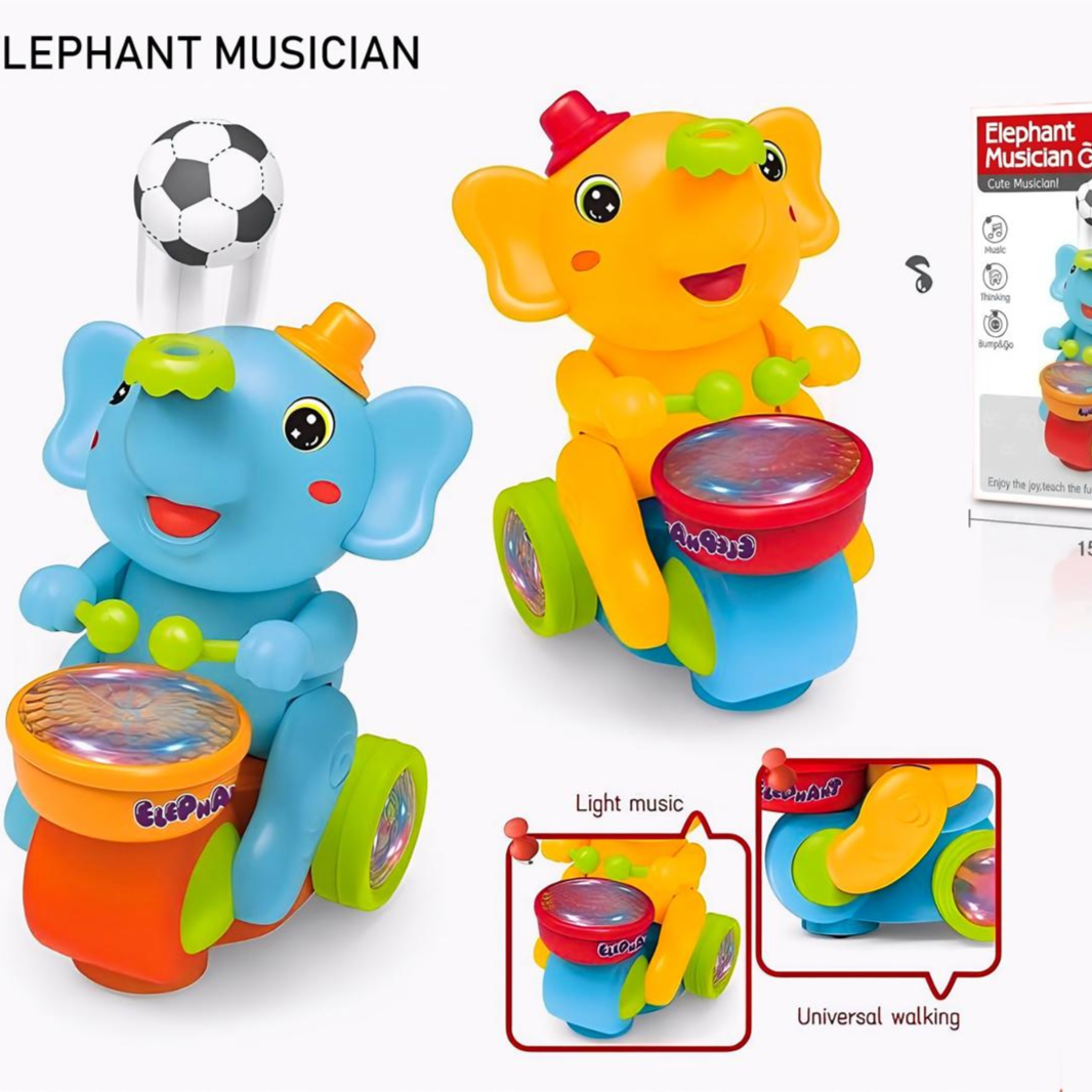 Two toy elephants, one blue and one orange, playing musical instruments on a white background.qatar price