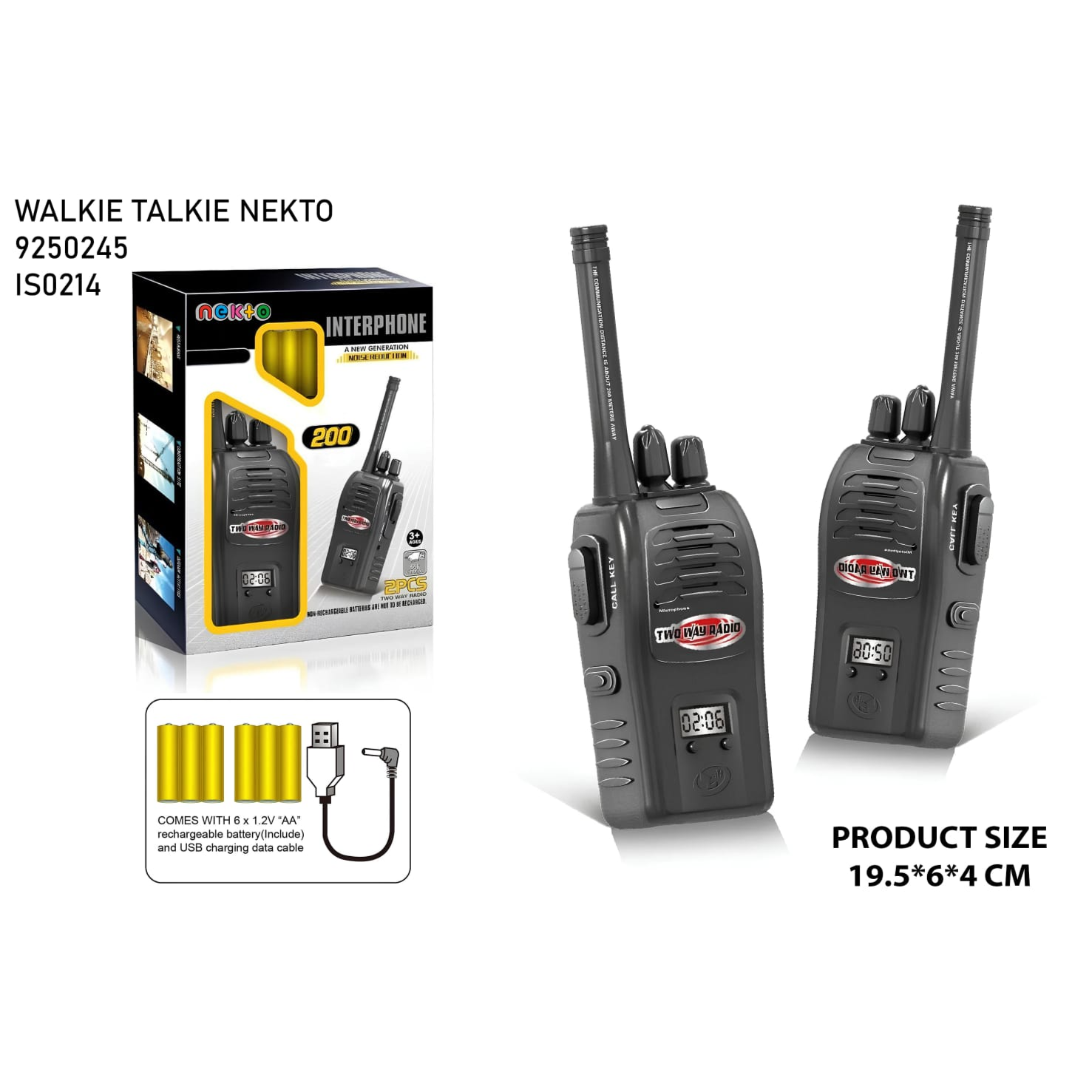 Two walkie talkies with packaging and product size information on a white background price qatar