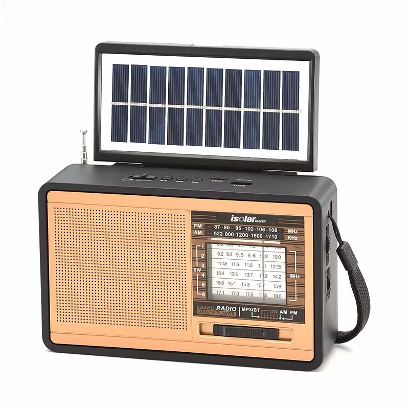 Vintage-style radio with solar panel on top on a white background