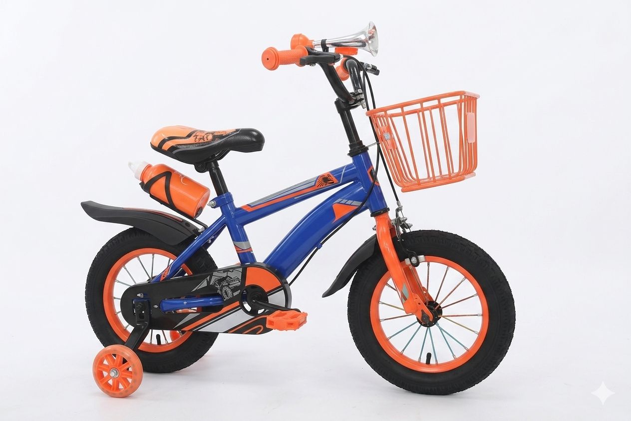 Kids Bicycle with Training Wheels - Blue & Orange with Basket & Water Bottle QATAR PRICE