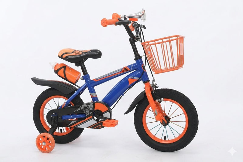 Kids Bicycle with Training Wheels - Blue & Orange with Basket & Water Bottle